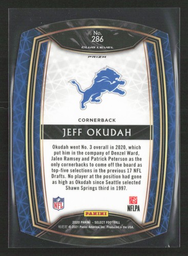 Jeff Okudah 2020 Panini Select #286 Blue Prizm Die Cut Detroit Lions - Picture 2 of 2