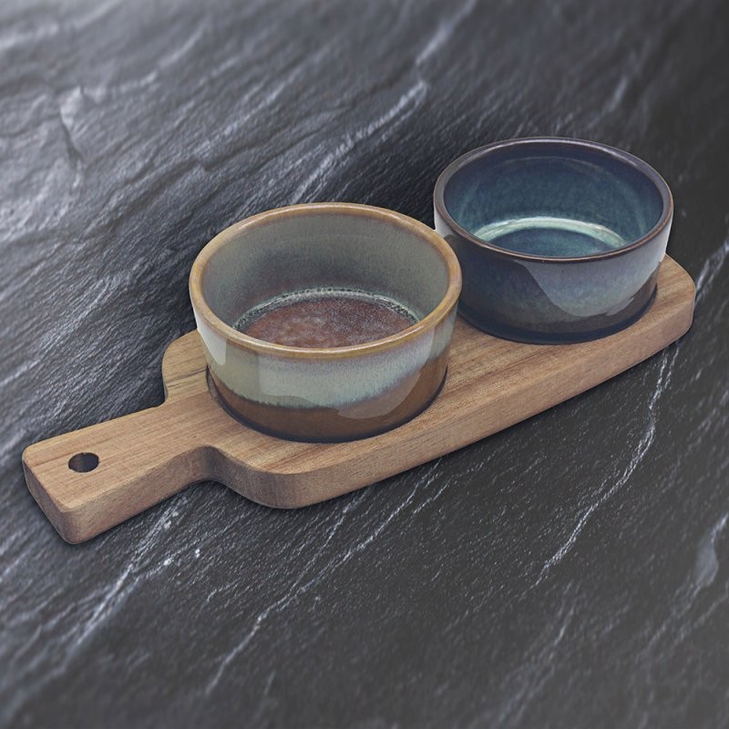Snack Dishes 2pc Round Ceramic Dip Sauce Bowls Wooden Charcuterie Serving Trays