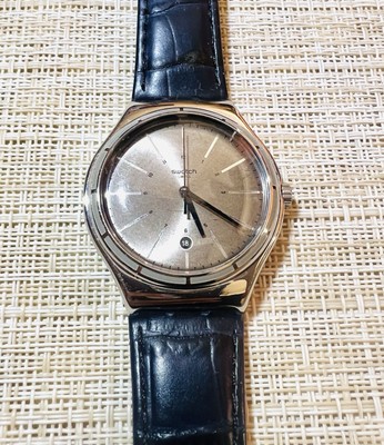 Swatch YWS415 Eppendorf Grey Dial Black Leather Strap Men's Watch