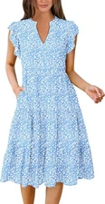 ANRABESS Womens Summer Dress Ruffle Sleeve V Neck Midi Small, Blue Floral 