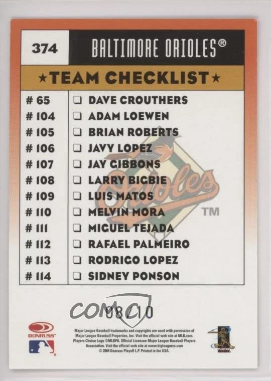 2005 Donruss Team Checklist Black Press Proof /10 Miguel Tejada #374 - Image 2 of 2
