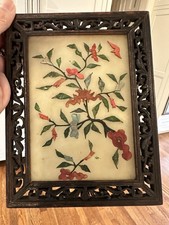 Antique VTG Chinese Jade Hard Stone Floral Table Screen Plaque Carved Wood Frame