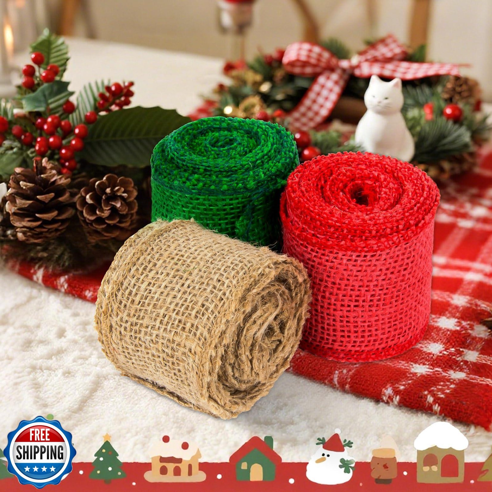 RAINFLOW Christmas Burlap Ribbon for Gift Wrapping - 3 Rolls Natu