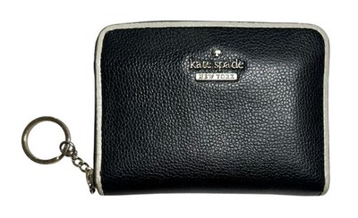 Kate Spade New York Black Pebbled Leather Zip Around Wallet Key Ring White Trim