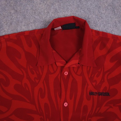 Harley Davidson Button Up Hemd Large Rot Flammen All Over Print Polyester Herren - Bild 2 von 9