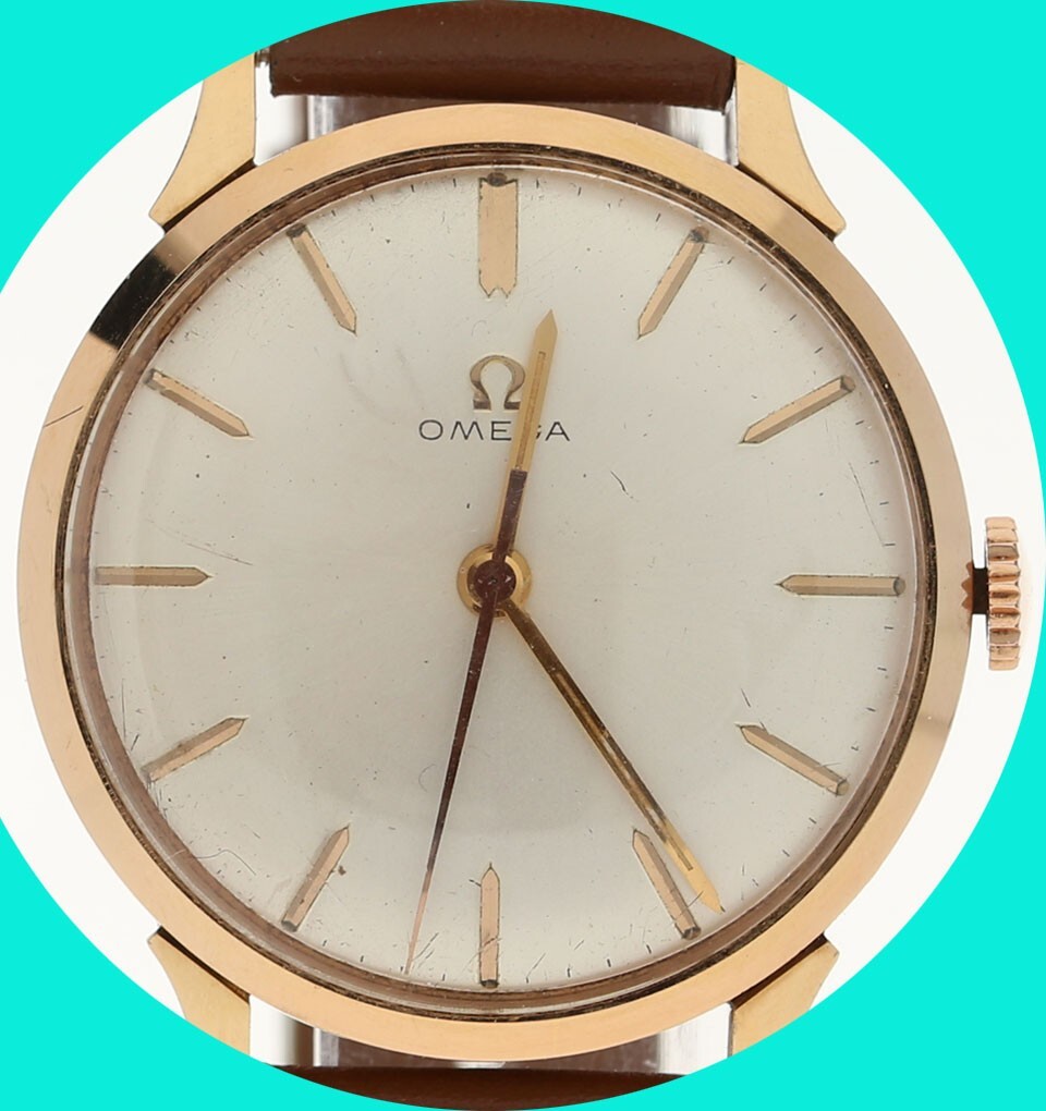 Mens 1964 Vintage Omega 18K Yellow Gold Mechanical Watch Leather