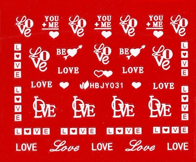 Nail Art 3D Decal Stickers White Color Hearts Words Love HBJY031