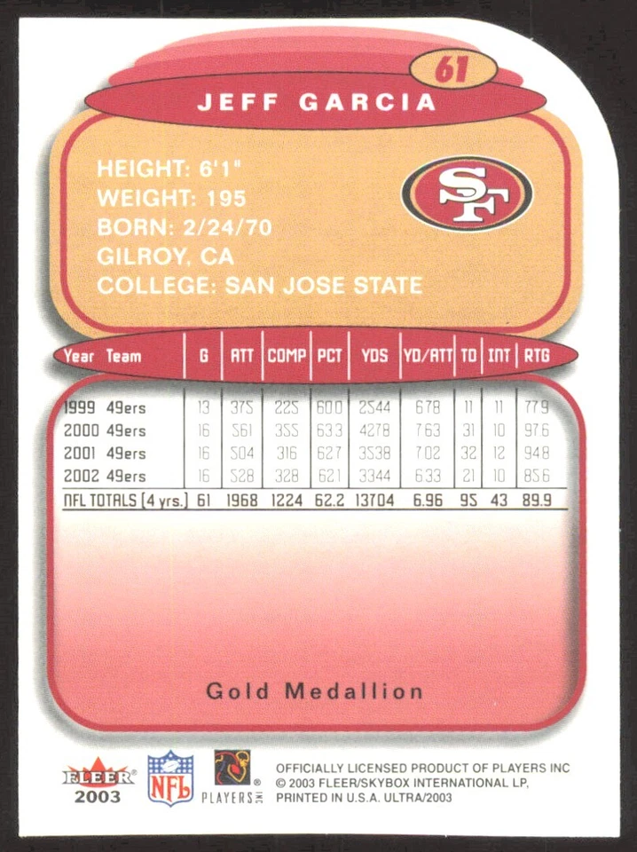 2003 Fleer Ultra Gold Medallion Jeff Garcia San Francisco 49ers #61 - Image 2 of 2