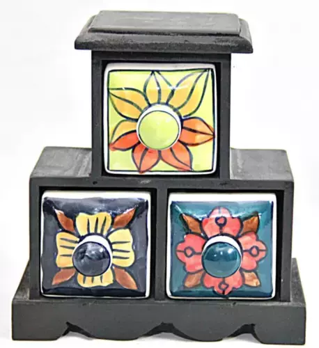 Unique Wooden & Ceramic Chest Spice Rack Container Organizer Dabba Jewellery Box - Picture 1 of 24