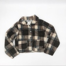 California Concepts Girls' Sherpa Brown Beige Plaid Flannel Shacket w Pockets S
