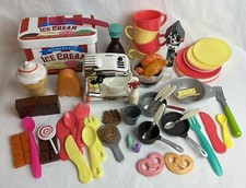 Kids Toy Kitchen Mixer Ice Cream Cups Fork Food Plate Skillet Lot 63 Pcs Vintage