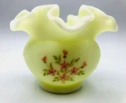 Fenton Ruffled Edge Custard Satin Glass Rose Bowl Vase Hand Painted and Signed