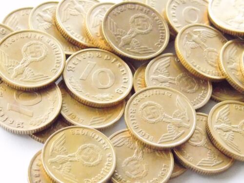 Lot GERMAN 45x 10 REICHSPFENNIG Coins 1937 - 1939 Brass SWASTIKA 3RD WW2 Pfennig - Picture 7 of 17