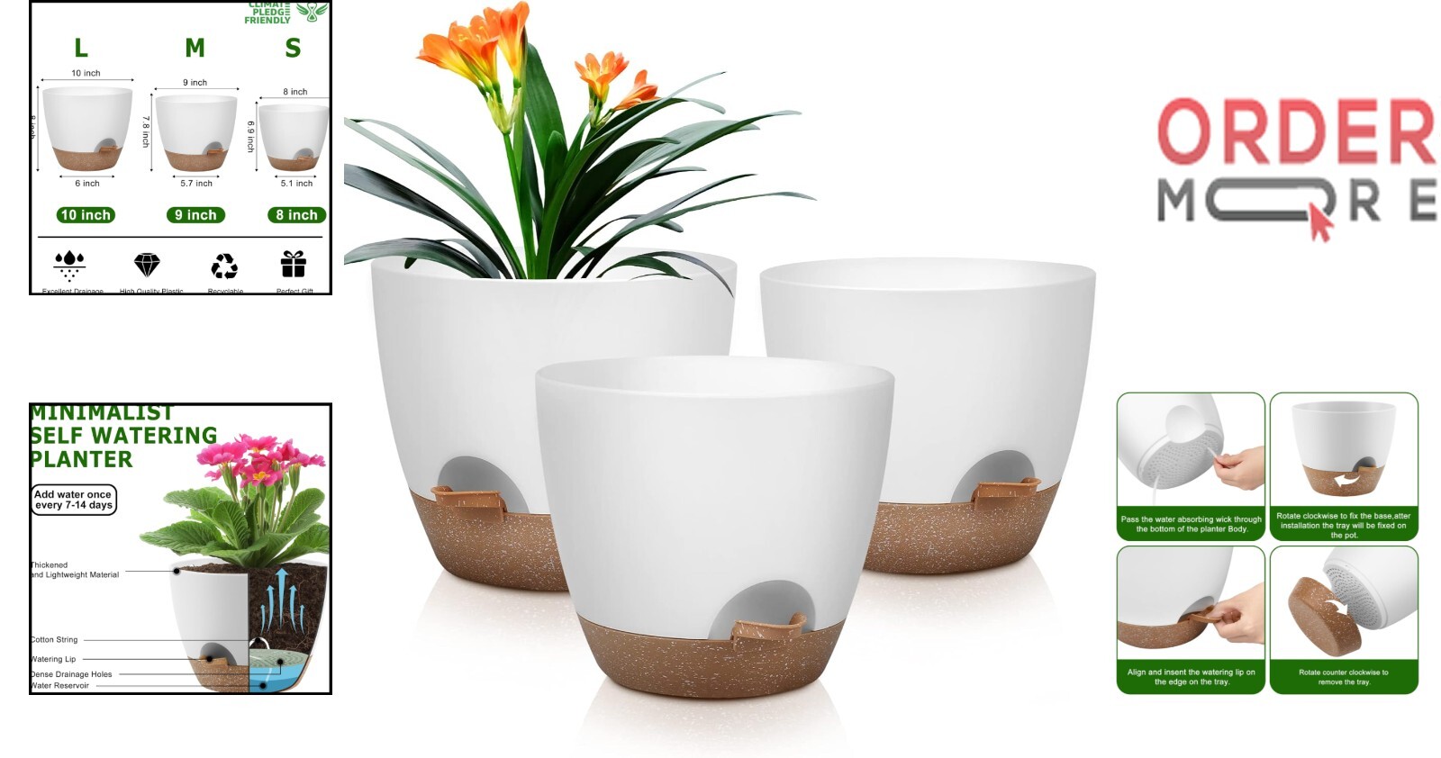 Plant Pots Self Watering 8/9/10 Inch Plastic Set of 3 Indoor Outdo or