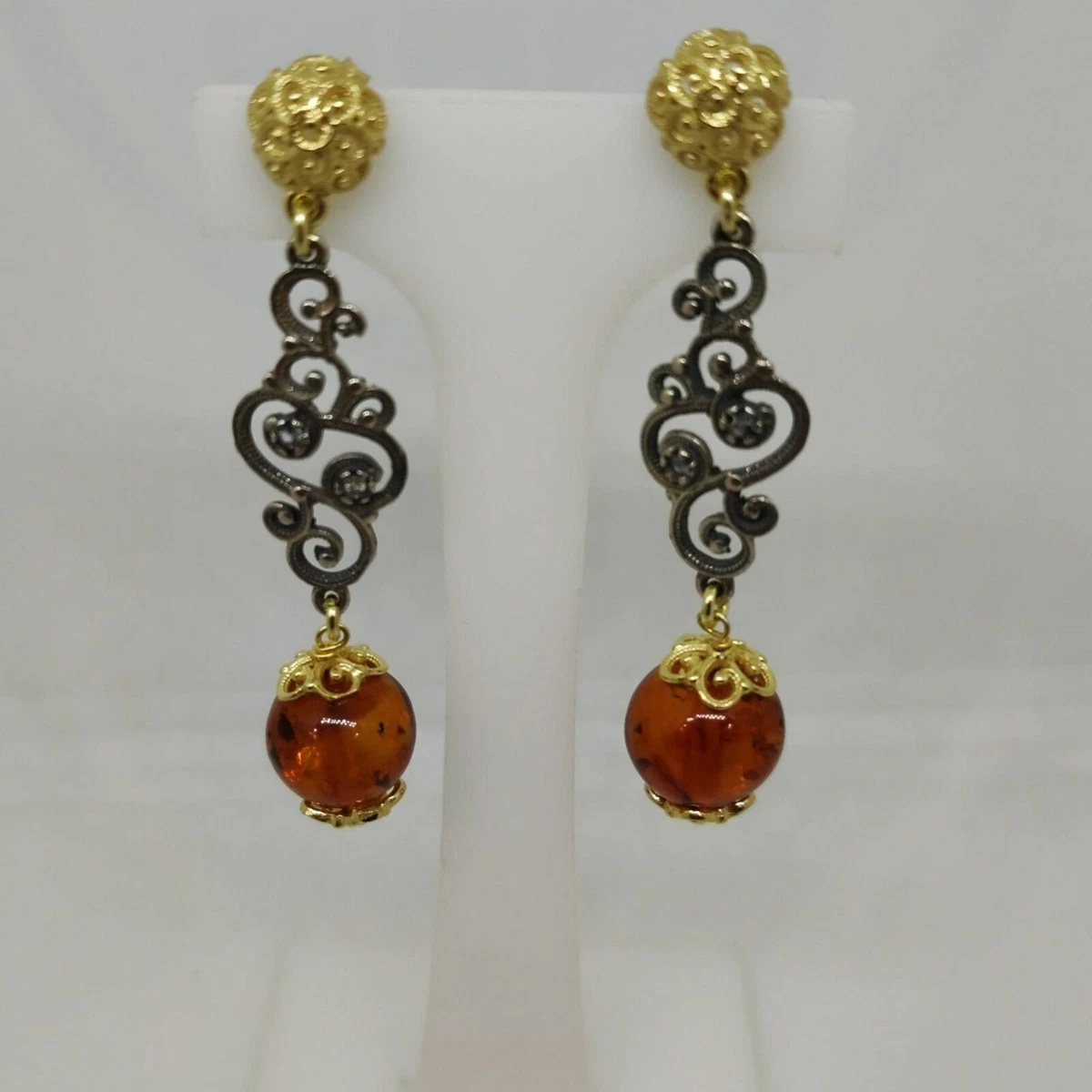 Orecchini Pendenti Brighton CANNES – Ambra E Perle Con Cristalli, Argento, Usati