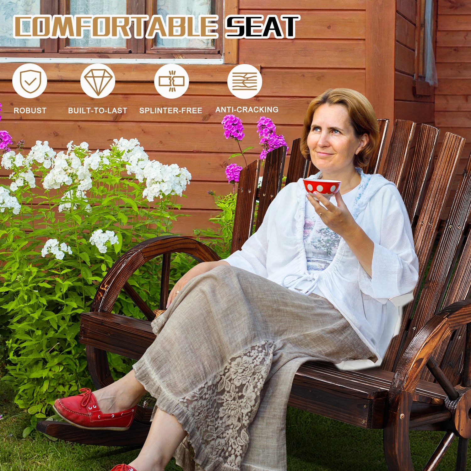 36in In/Outdoor Rustic Wooden Wagon Adirondack Rocking Chair with Back, Armrest