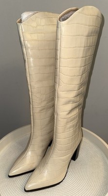 Schutz Analeah Egg Shell Croc Embossed Knee High Block Heel Boots - Size 6.5 B