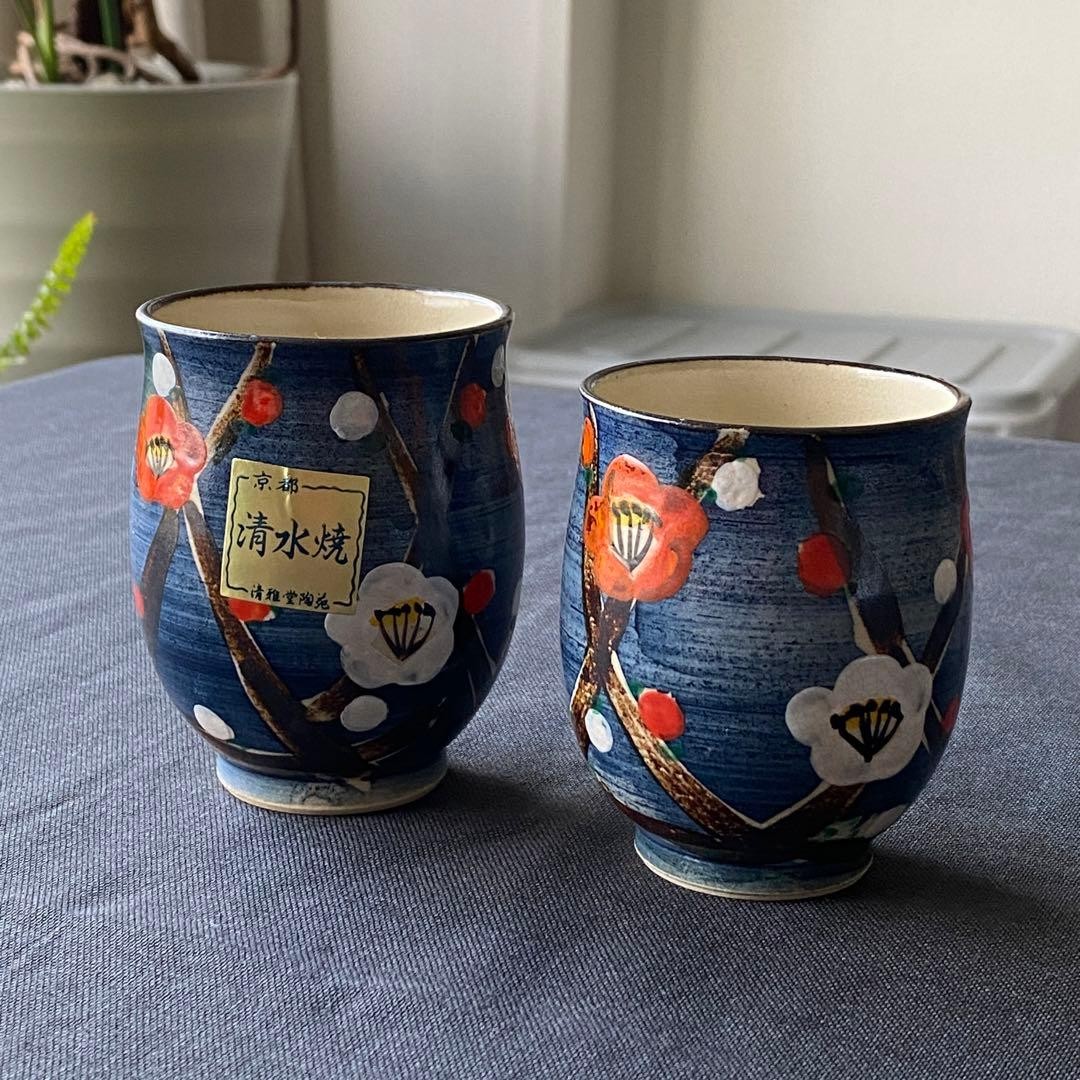 Kyoto/Kiyomizu Ware Teacup Set Blue Red Plum Couples Ceramic