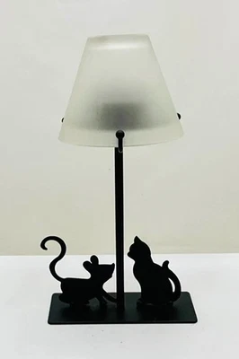 Photophore déco métal noir/ verre silhouette souris et chat 22x11,5x4,5cm env - Photo 1/4