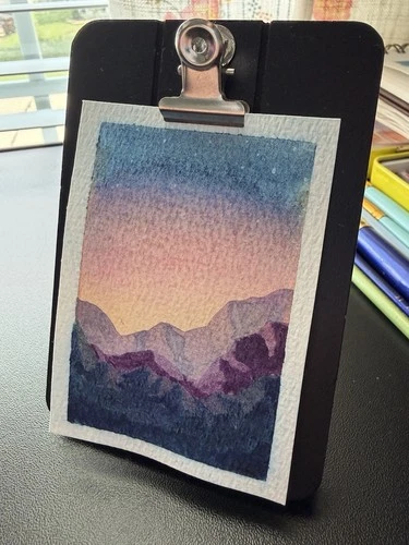 ACEO original dawn mountains early morning watercolor four.stories.workshop