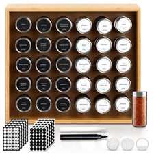 Wooden Spice Rack Organizer with Glass Jars | Stainless Steel Lids | Countert...