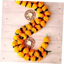 PC - 4.feet Marigold Garland with Green Leaves 5 Golden Yellow Light Orange 