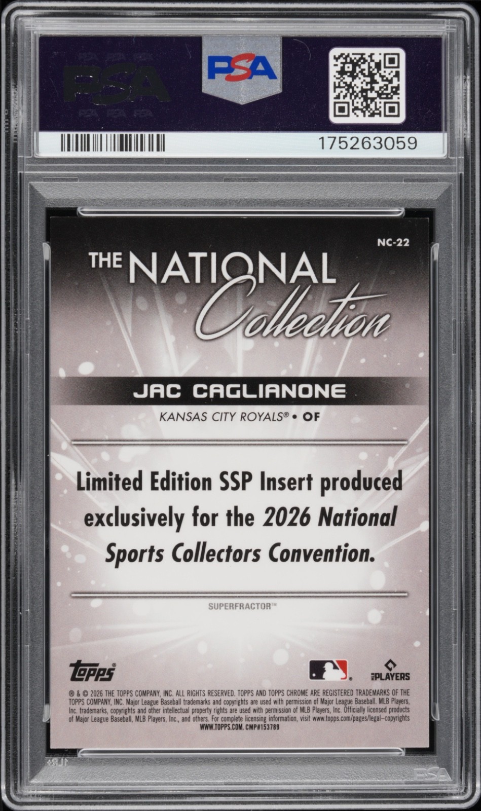 2026 Topps National NSCC Jac Caglianone Superfractor 1/1 PSA Authentic Royals view 2