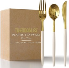 Trendables 120 Pack Disposable Silverware Set - Ivory Gold Plastic Cutlery ...