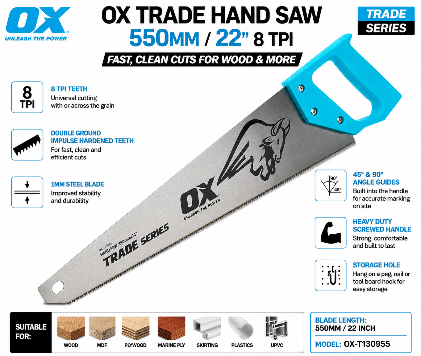 OX Tools OX-T130955 Trade Universal Wood Handsaw 550mm 22in 8 Tpi - Image 2