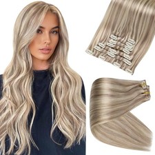 Full Shine Clip in Human Hair Extensions Ash Blonde Mix Platinum Blonde Seaml...