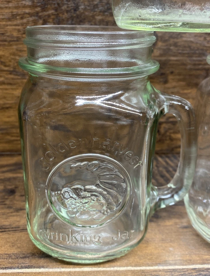 Juego de 3 tazas de beber vintage Golden Harvest Ball / Mason Jar - vidrio verde dorado Foto 2 de 4