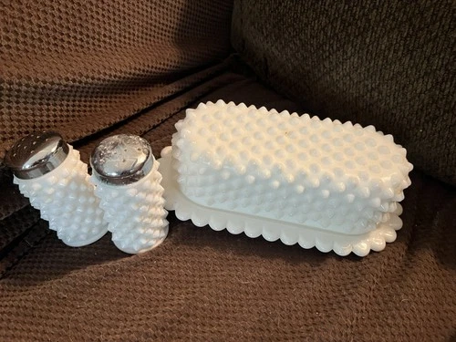 Vintage Milk Glass Butter dish/salt And Pepper