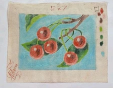 VINTAGE CROSS STITCH EMBROIDERY HAND PAINTED 5X7  CHERRY DESIGN 