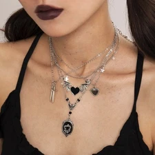 Ladies Sexy Goth Demon Goddess Silver SP 5 Piece Sword Black Heart Necklace Set
