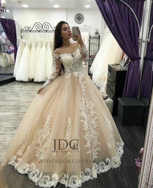 Champagne A Linie Brautkleider Spitze Langarm Tull Abendkleid Hochzeitskleid 34 Gunstig Kaufen Ebay