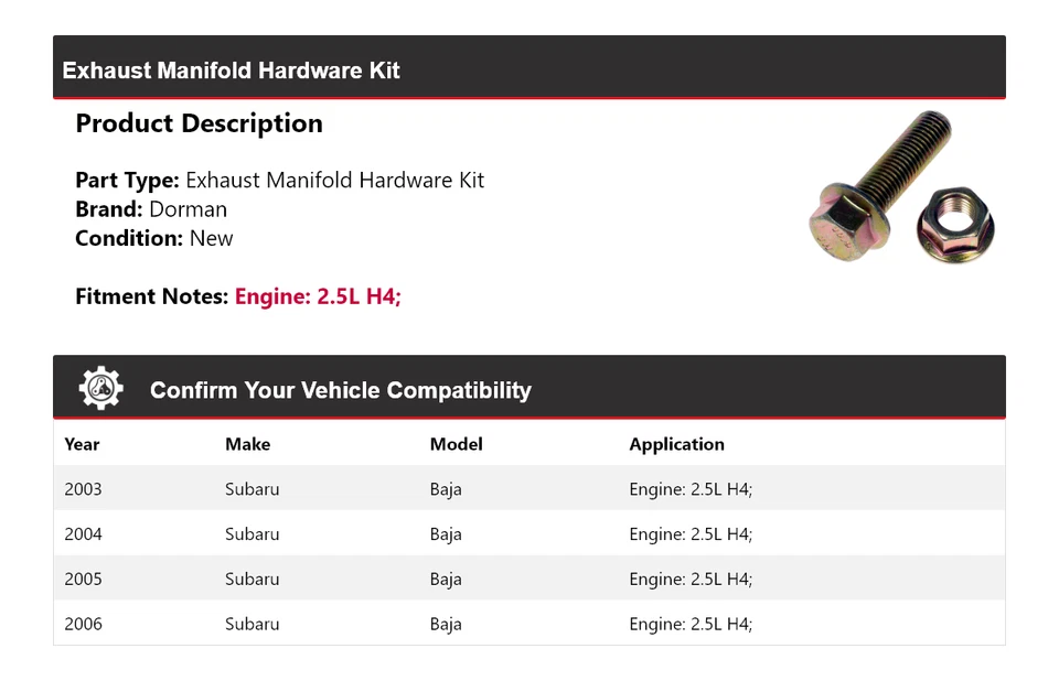 Комплект оборудования выпускного коллектора для Subaru Baja 2,5 л H4 Dorman 2003-2006 годов выпуска 2004 2005 - Изображение 2 из 4