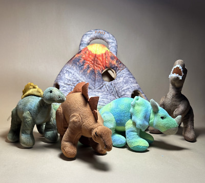 FAO Schwarz 4 Plush Dinosaurs Toys R  Us Mountain Rock  Cave Carrier Egg Stuffed