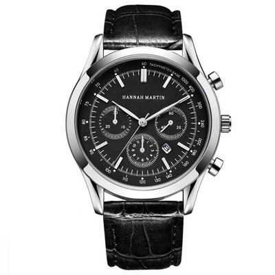 Waterproof Quartz Multi-function Round Dial Three-Eye Belt Watch with Stainless