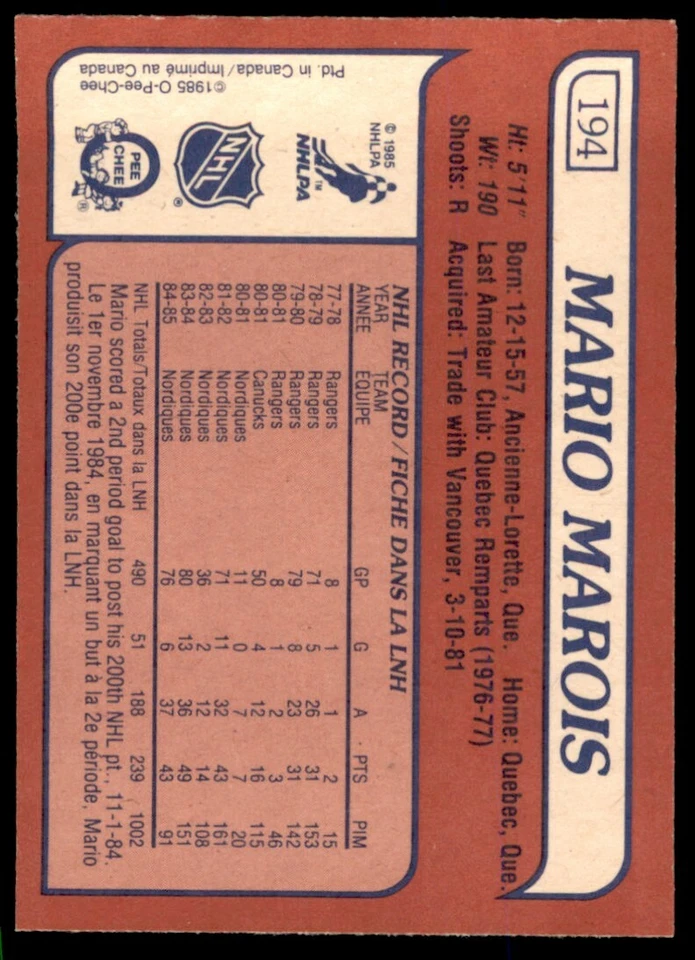 1985-86 O-Pee-Chee High Grade Mario Marois #194 - Image 2 of 2