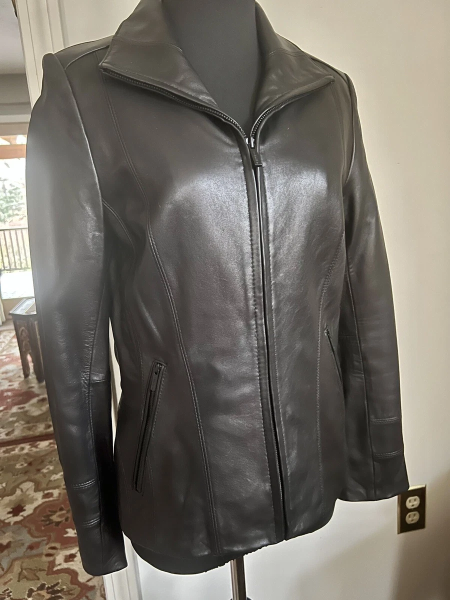 Calvin Klein Women Leather Jacket Convertible Collar New! Size M