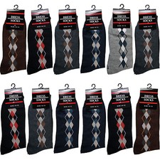 New 12 Pairs Mens Argyle Diamond Cotton Dress Socks Size 10-13 Black Gray Brown