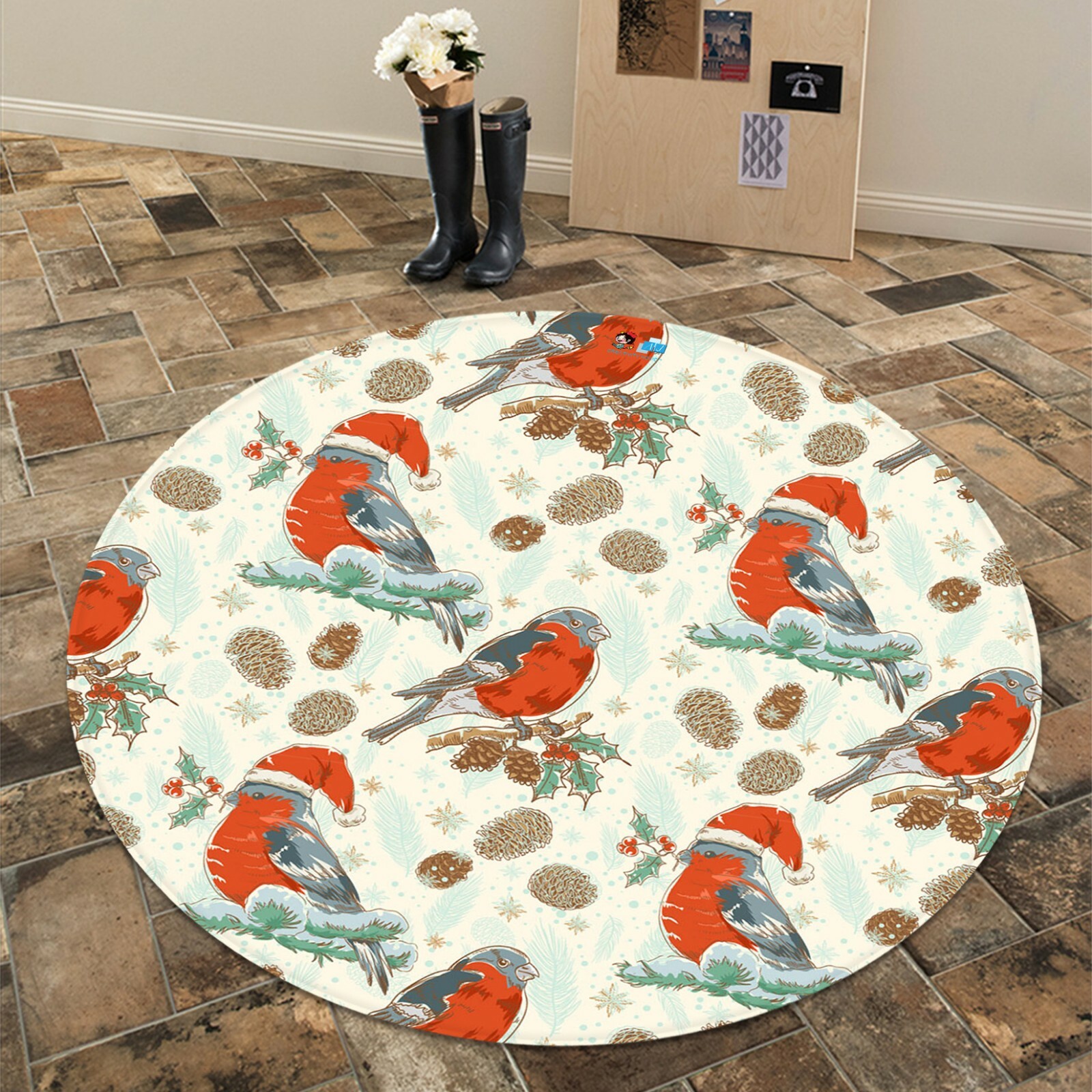 3D Red Christmas Bird Round Photo Carpet Rug for Bedroom G187 by Amy  