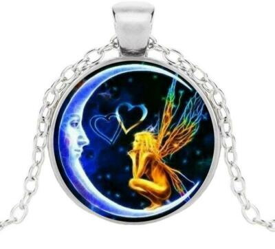 MOON  FAIRY WING ANGEL LOVE STAR pendant 18'' Sterling 925 Silver plate necklace 
