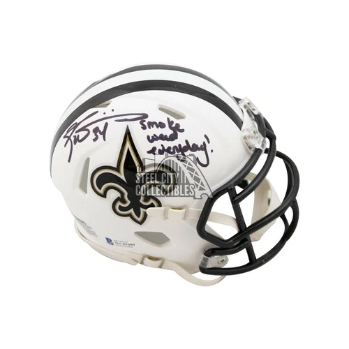 Ricky Williams Smoke Weed Everyday Autographed Saints Flat White Mini Helmet BAS