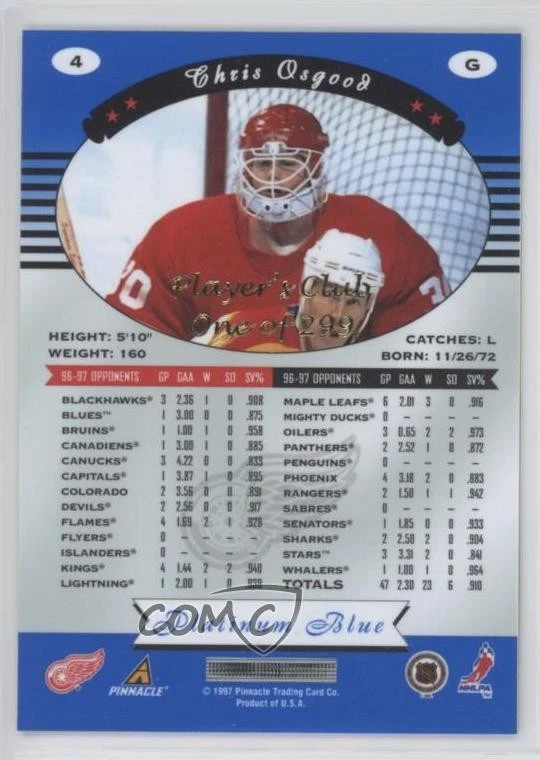 1997 Pinnacle Totally Certified Platinum Blue Player's Club /299 Chris Osgood #4 - Image 2 of 2