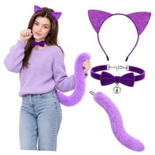3 Pcs Halloween Cat Costume Accessories Cat Ears Headband Bell Collar Purple