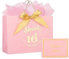 11" Sweet 16 Birthday Gift Bag for Girls, 16 Year Old Gift Bag with Tissue Pape
