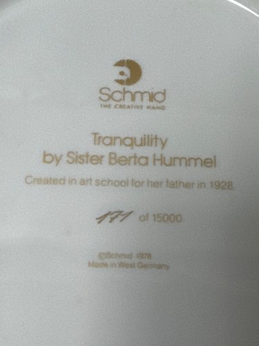 Schmid 1978 Tranquility By Sister Berta Hummel Painted On 24K Gold Plate #171 - Picture 5 of 12