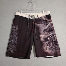 Y2K Affliction Mens Broad Shorts Indian Skull Raven Tribal Size 34