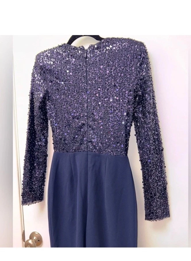 NUEVO SIN ETIQUETAS NADINE MERABI Misha Mono Acampanado con Cinturón Manga Larga Lentejuelas Azul Marino Talla 4 Foto 2 de 3